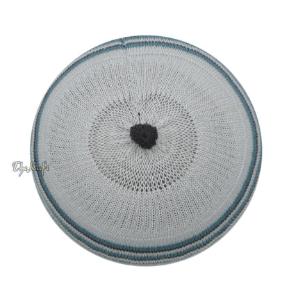Light Gray with Turquoise and Black Lines Baby/Infant Kufi pom-pom Beanie