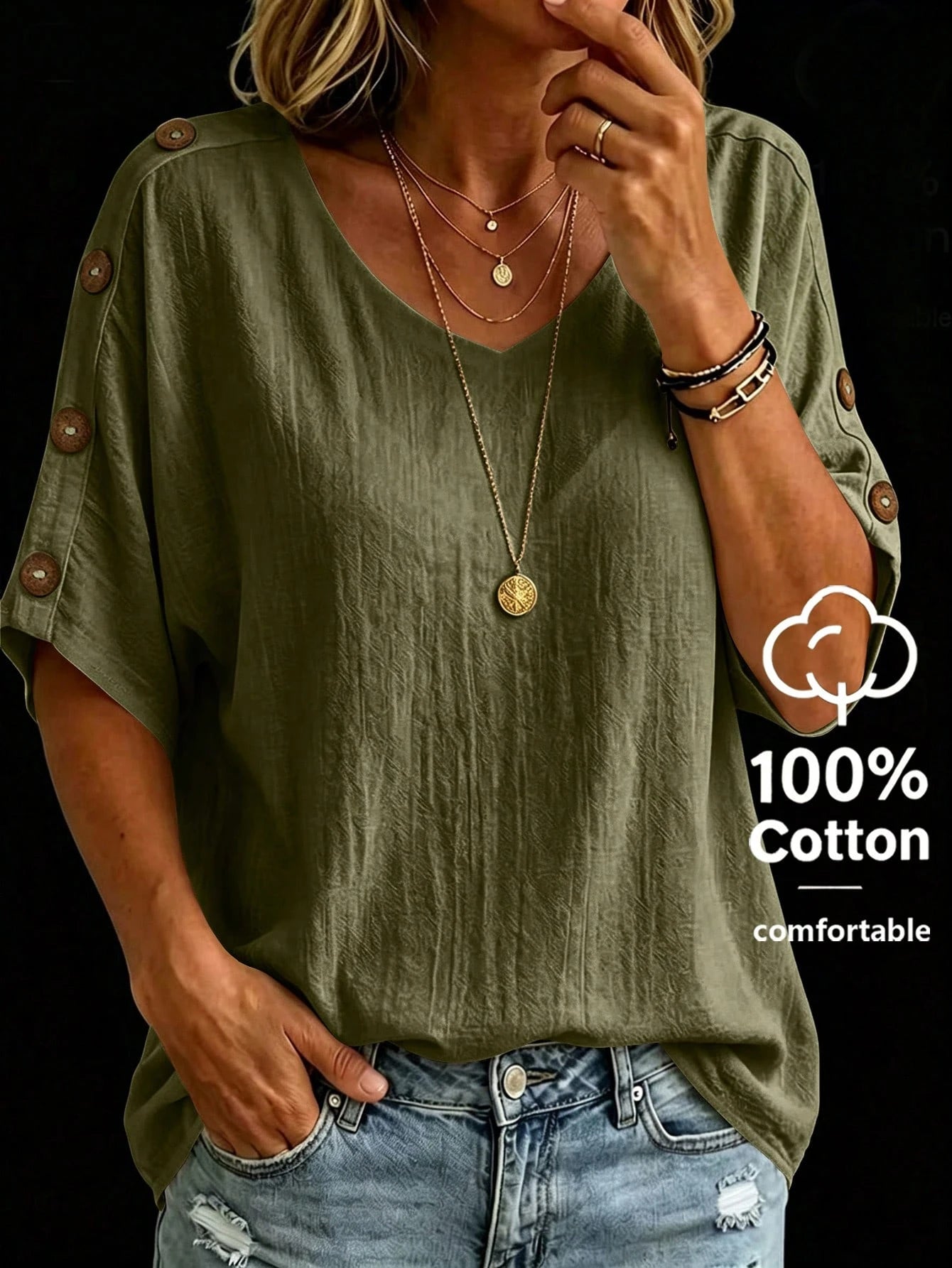 Linhara CURVE Plus Size Women's Solid Color V-Neck Short Sleeve With Button Blouse Summer Women, Vacation Blouse, Linen Top Made Of 100% Cotton