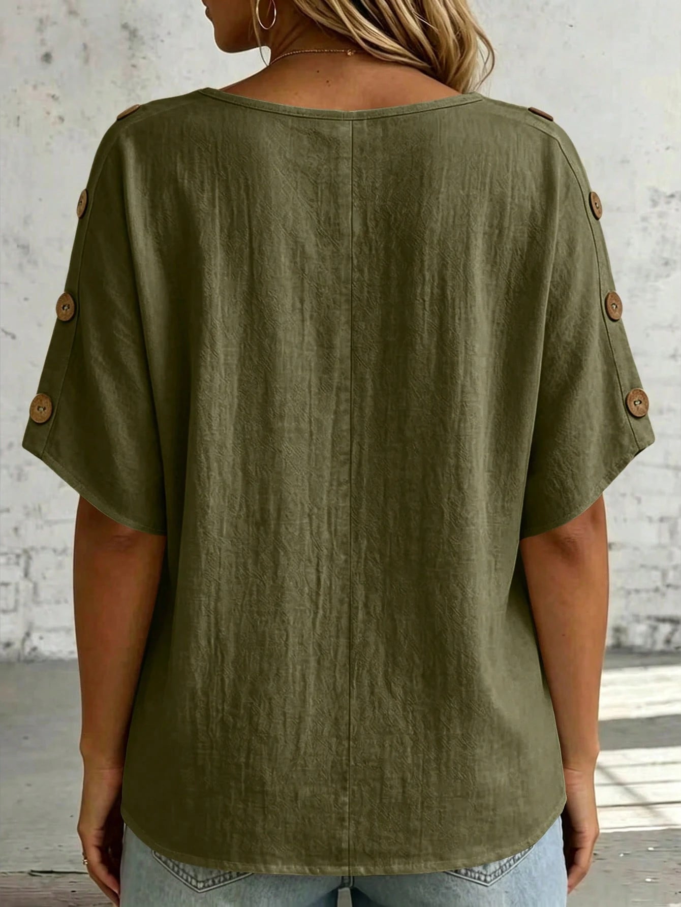 Linhara CURVE Plus Size Women's Solid Color V-Neck Short Sleeve With Button Blouse Summer Women, Vacation Blouse, Linen Top Made Of 100% Cotton