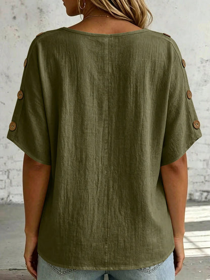 Linhara CURVE Plus Size Women's Solid Color V-Neck Short Sleeve With Button Blouse Summer Women, Vacation Blouse, Linen Top Made Of 100% Cotton