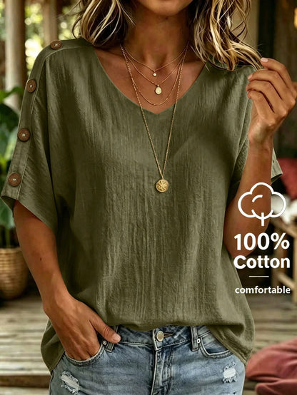 Linhara CURVE Plus Size Women's Solid Color V-Neck Short Sleeve With Button Blouse Summer Women, Vacation Blouse, Linen Top Made Of 100% Cotton