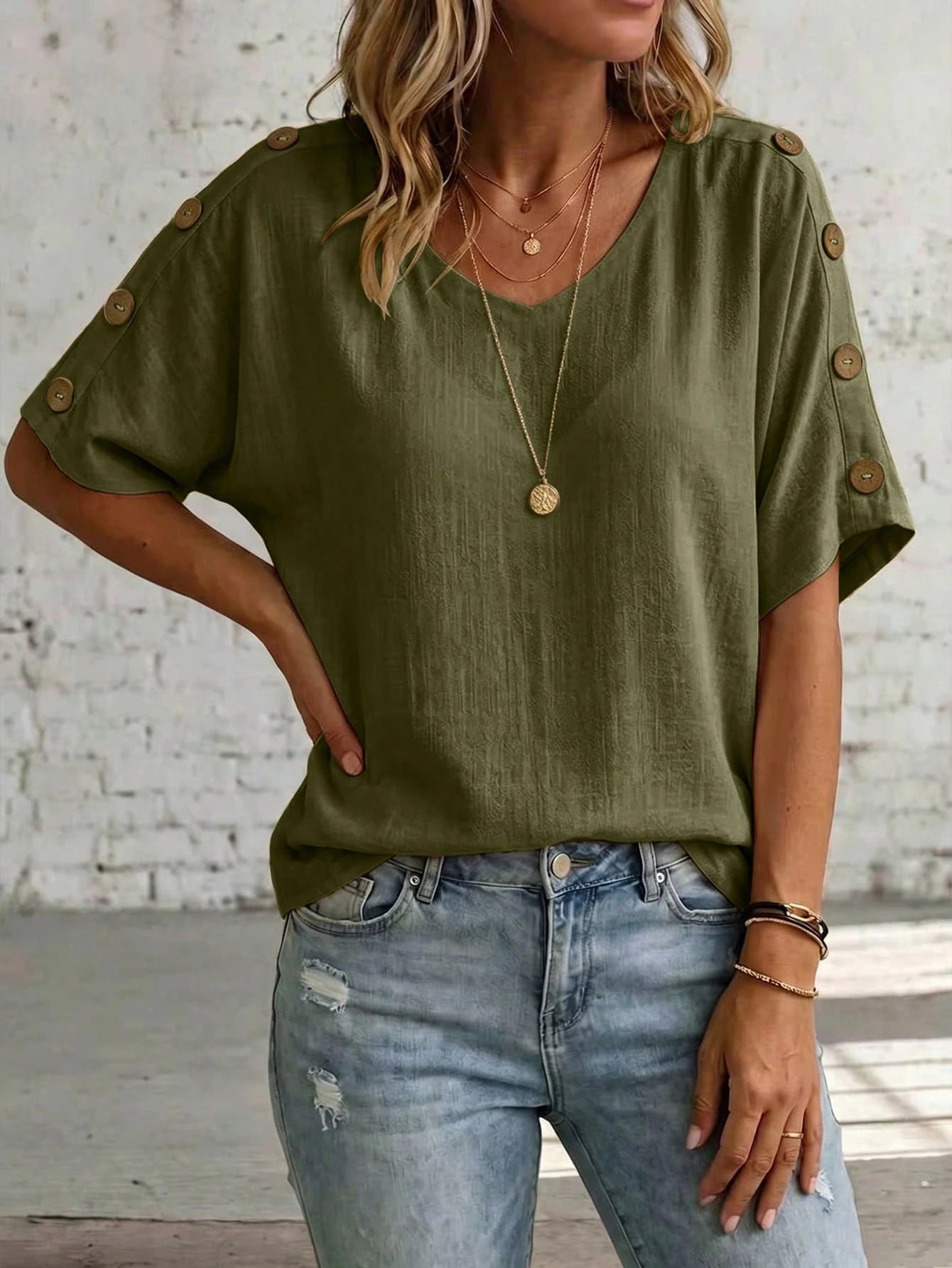 Linhara CURVE Plus Size Women's Solid Color V-Neck Short Sleeve With Button Blouse Summer Women, Vacation Blouse, Linen Top Made Of 100% Cotton