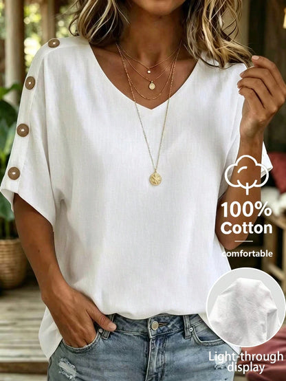 Linhara CURVE Plus Size Women's Solid Color V-Neck Short Sleeve With Button Blouse Summer Women, Vacation Blouse, Linen Top Made Of 100% Cotton