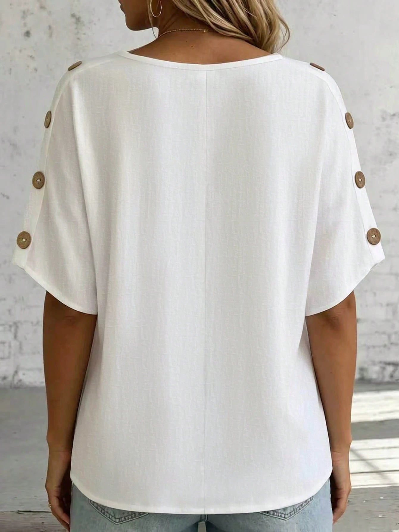 Linhara CURVE Plus Size Women's Solid Color V-Neck Short Sleeve With Button Blouse Summer Women, Vacation Blouse, Linen Top Made Of 100% Cotton
