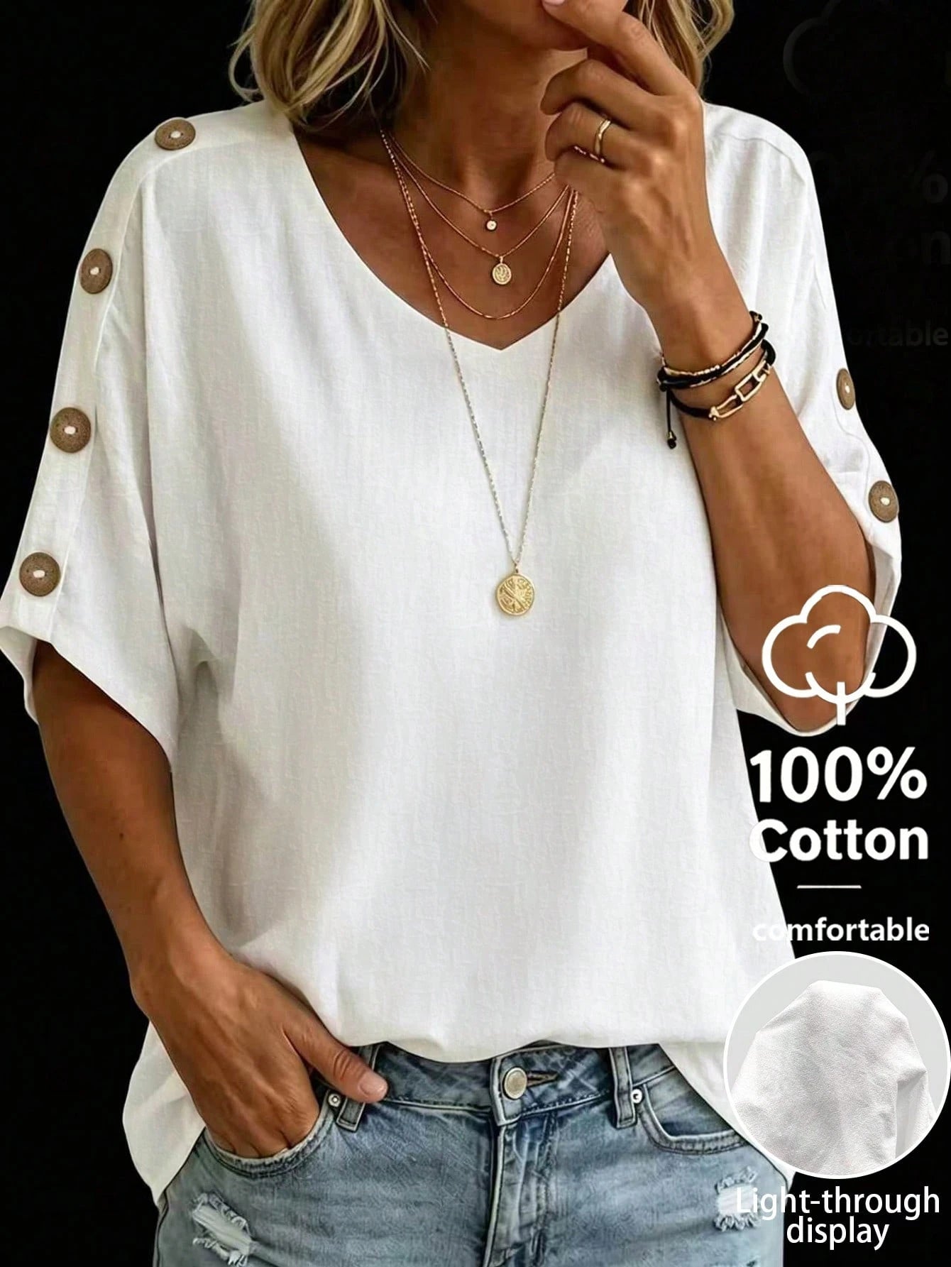 Linhara CURVE Plus Size Women's Solid Color V-Neck Short Sleeve With Button Blouse Summer Women, Vacation Blouse, Linen Top Made Of 100% Cotton