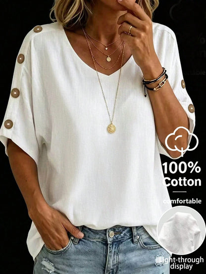 Linhara CURVE Plus Size Women's Solid Color V-Neck Short Sleeve With Button Blouse Summer Women, Vacation Blouse, Linen Top Made Of 100% Cotton