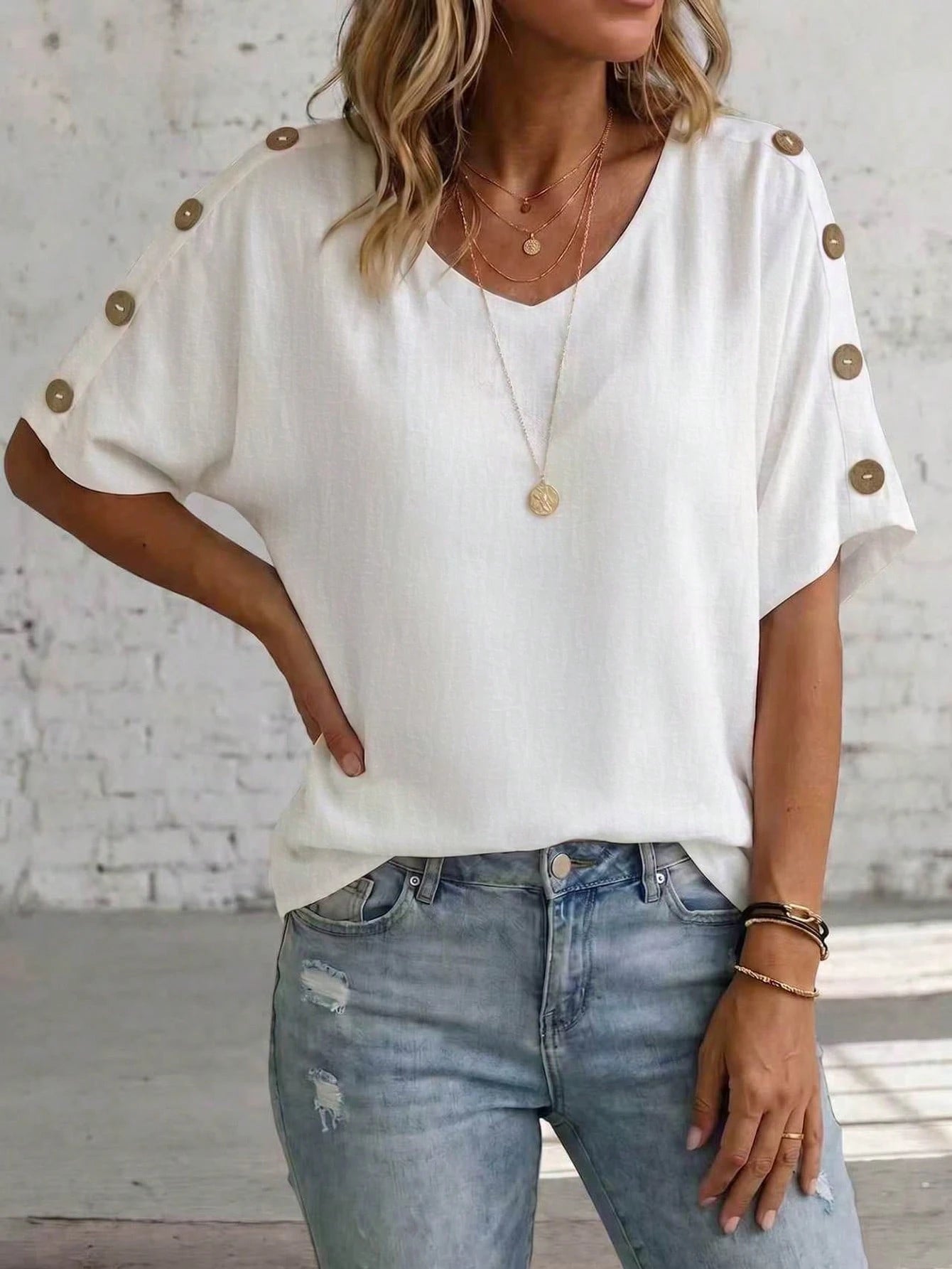 Linhara CURVE Plus Size Women's Solid Color V-Neck Short Sleeve With Button Blouse Summer Women, Vacation Blouse, Linen Top Made Of 100% Cotton