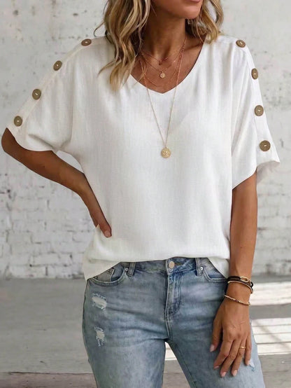 Linhara CURVE Plus Size Women's Solid Color V-Neck Short Sleeve With Button Blouse Summer Women, Vacation Blouse, Linen Top Made Of 100% Cotton