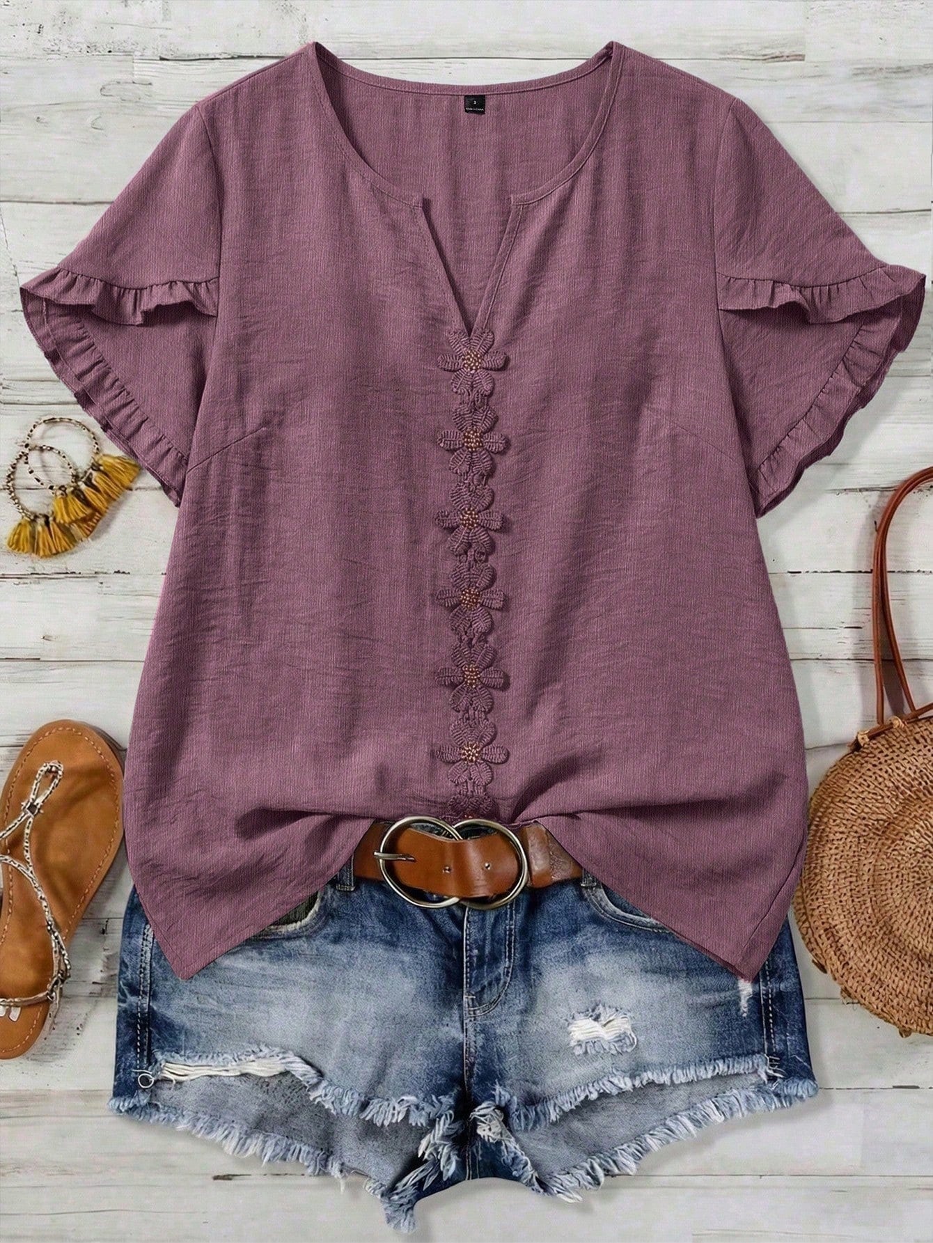 Linhara CURVE Plus Size Woven Casual Boho Resort Daily Commuting Vacation And Office Wear Summer Women's Shirt Purple