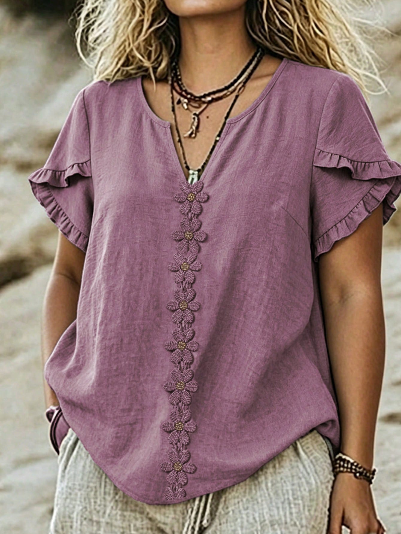 Linhara CURVE Plus Size Woven Casual Boho Resort Daily Commuting Vacation And Office Wear Summer Women's Shirt Purple