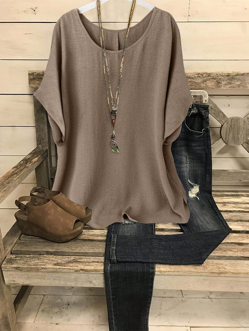 Linhara Plus Size Casual Vacation Solid Batwing Sleeve Shirt