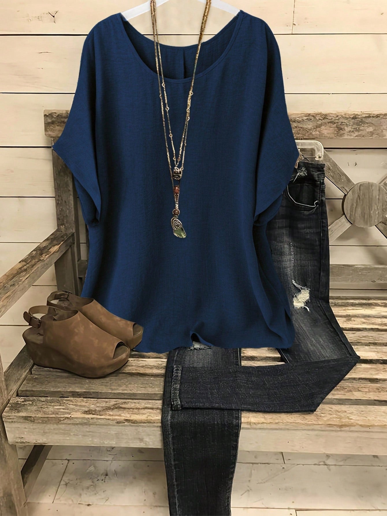 Linhara Plus Size Casual Vacation Solid Batwing Sleeve Shirt