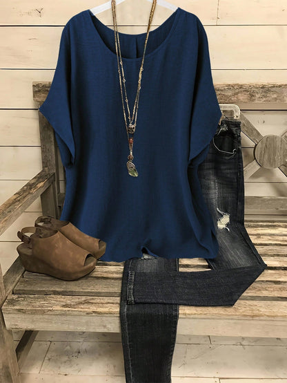 Linhara Plus Size Casual Vacation Solid Batwing Sleeve Shirt
