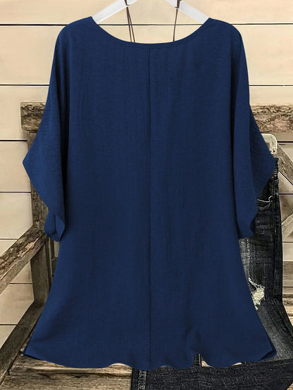 Linhara Plus Size Casual Vacation Solid Batwing Sleeve Shirt