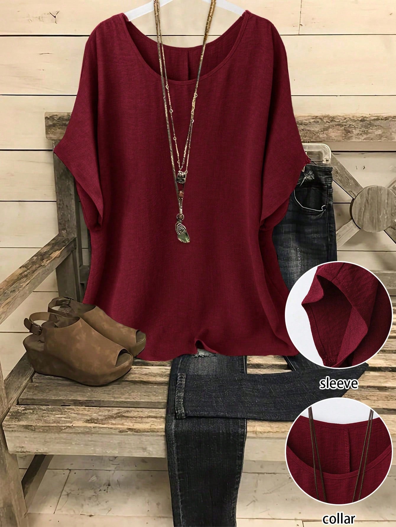 Linhara Plus Size Casual Vacation Solid Color Batwing Sleeve Shirt