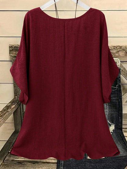Linhara Plus Size Casual Vacation Solid Color Batwing Sleeve Shirt