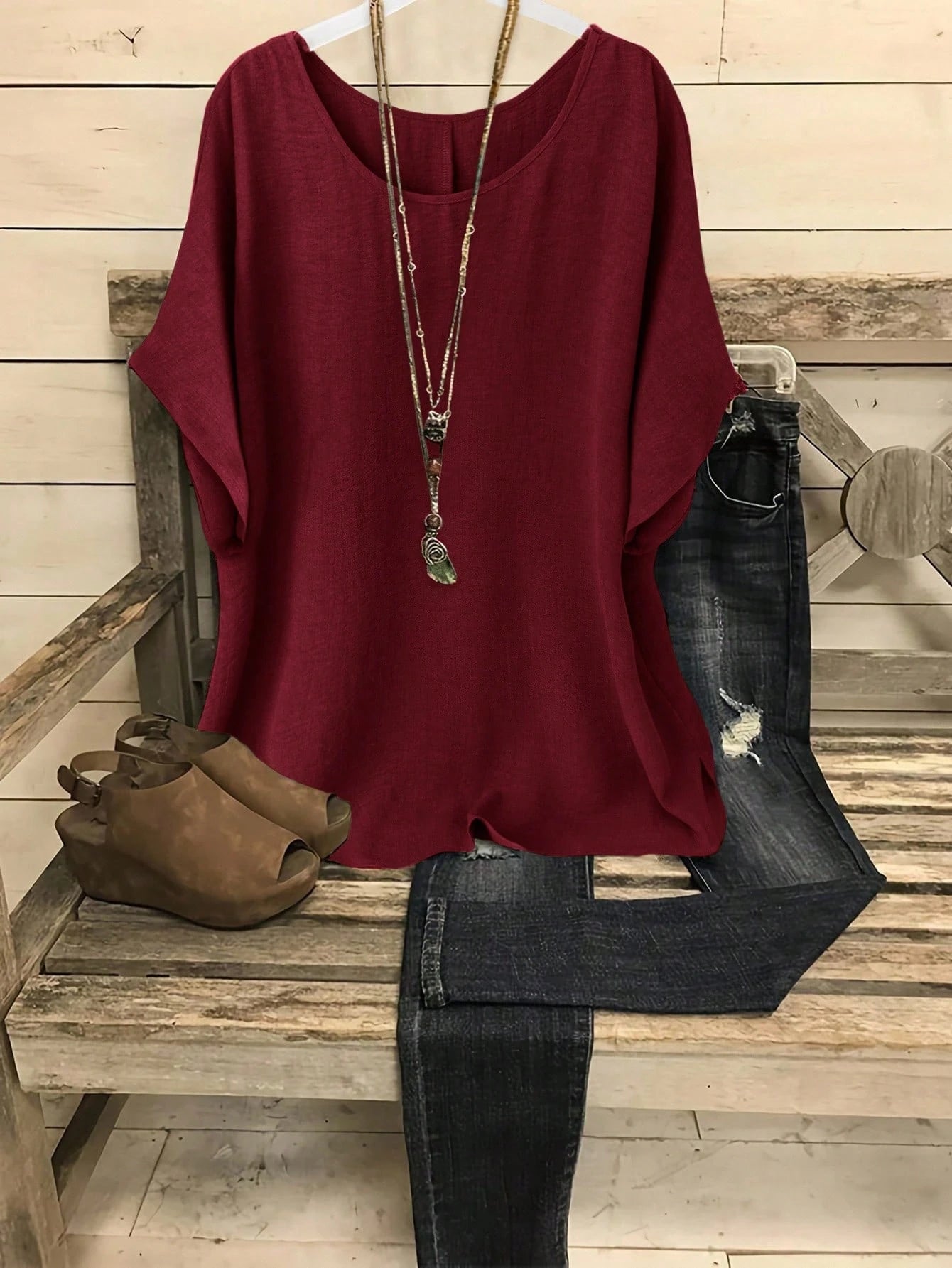 Linhara Plus Size Casual Vacation Solid Color Batwing Sleeve Shirt