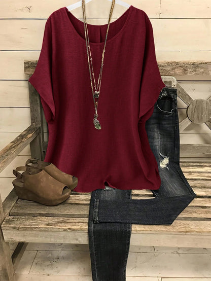 Linhara Plus Size Casual Vacation Solid Color Batwing Sleeve Shirt
