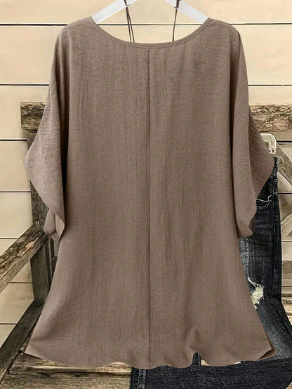 Linhara Plus Size Casual Vacation Solid Color Batwing Sleeve Shirt