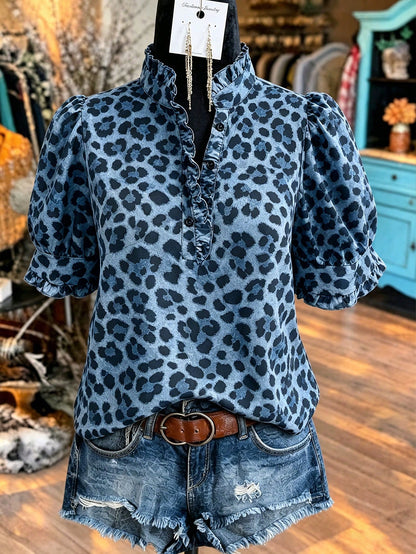 Linhara Plus Size European & American Style Leopard Print Ruffle Short Sleeve Blouse, Casual Summer Vacation Top