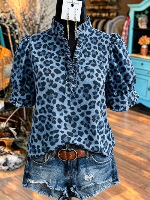 Linhara Plus Size European & American Style Leopard Print Ruffle Short Sleeve Blouse, Casual Summer Vacation Top