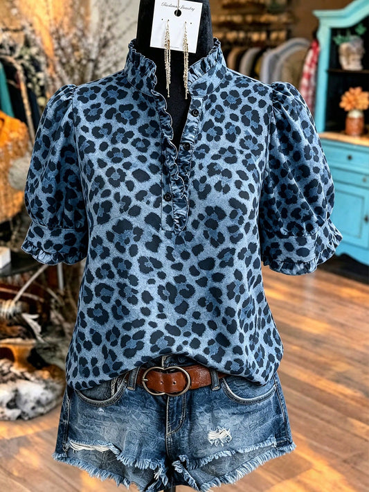 Linhara Plus Size European & American Style Leopard Print Ruffle Short Sleeve Blouse, Casual Summer Vacation Top