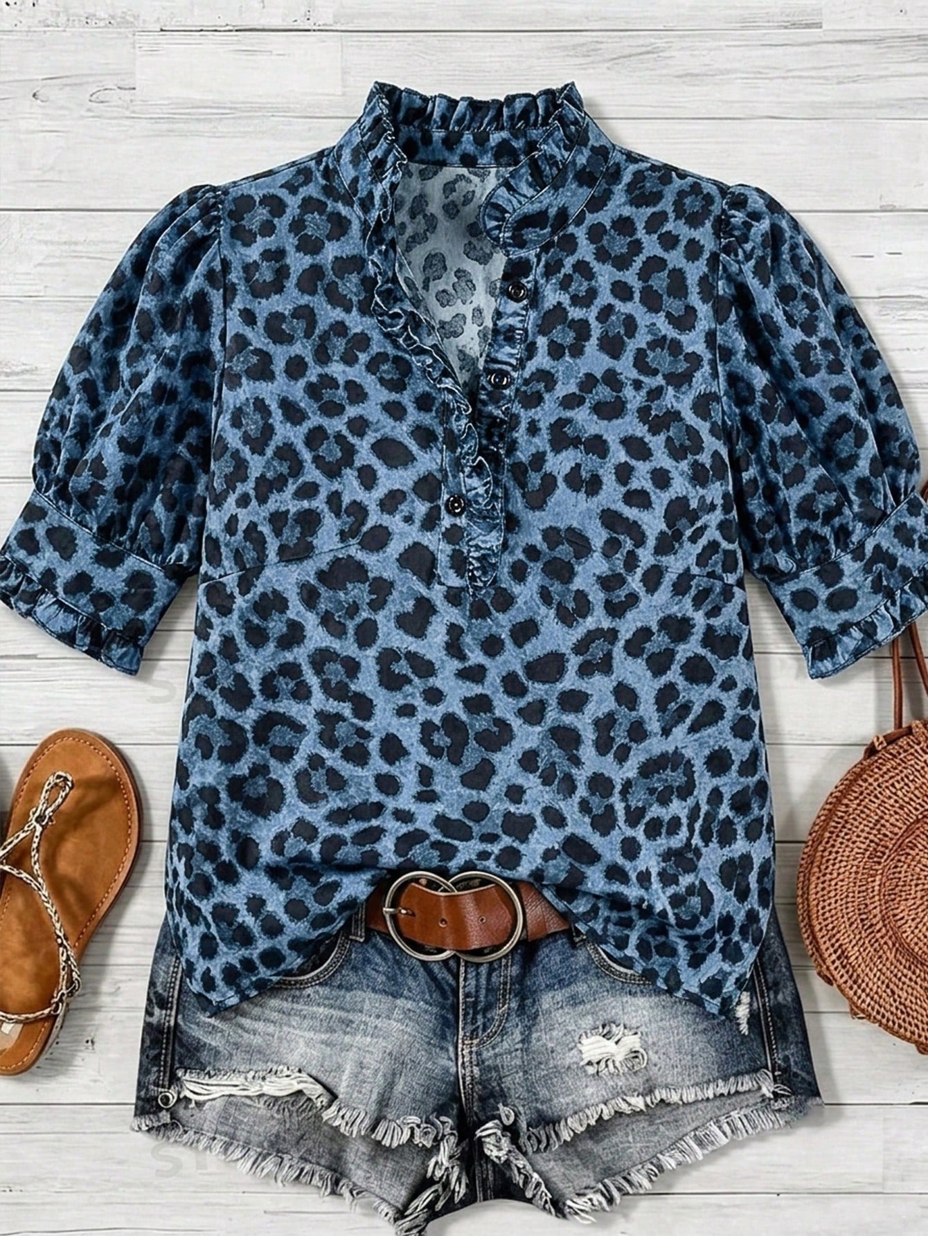 Linhara Plus Size European & American Style Leopard Print Ruffle Short Sleeve Blouse, Casual Summer Vacation Top