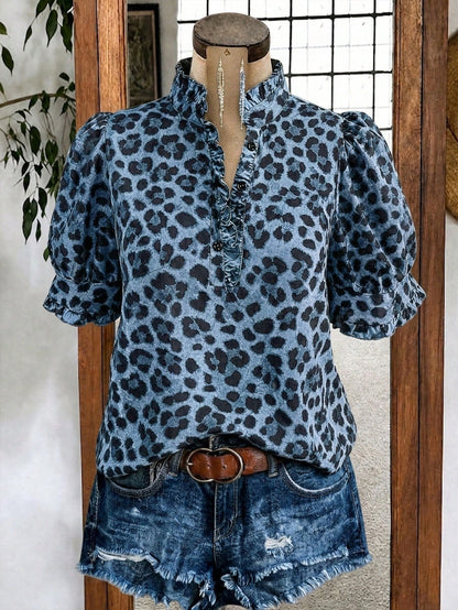 Linhara Plus Size European & American Style Leopard Print Ruffle Short Sleeve Blouse, Casual Summer Vacation Top