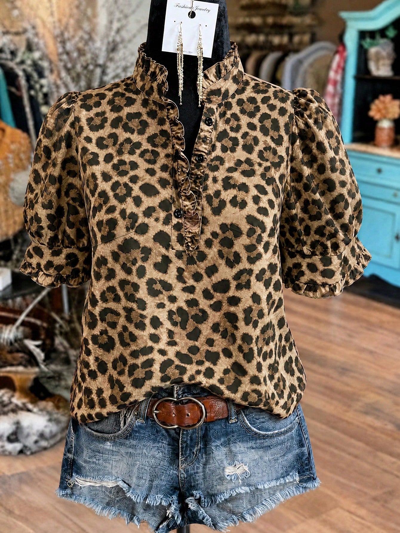 Linhara Plus Size European & American Style Leopard Print Ruffle Short Sleeve Blouse, Casual Summer Vacation Top