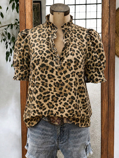Linhara Plus Size European & American Style Leopard Print Ruffle Short Sleeve Blouse, Casual Summer Vacation Top