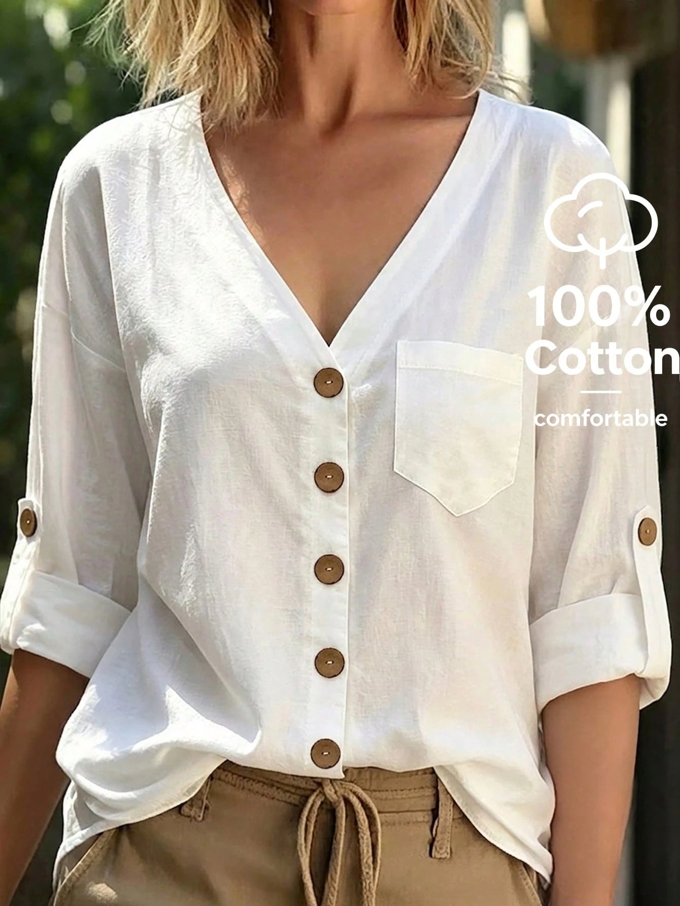 Linhara Plus Size Women's Solid Color V-Neck Drop Shoulder Long Sleeve Button-Up Shirt With Pockets, Comfortable Cotton Blouse, Spring/Autumn Casual Top, White