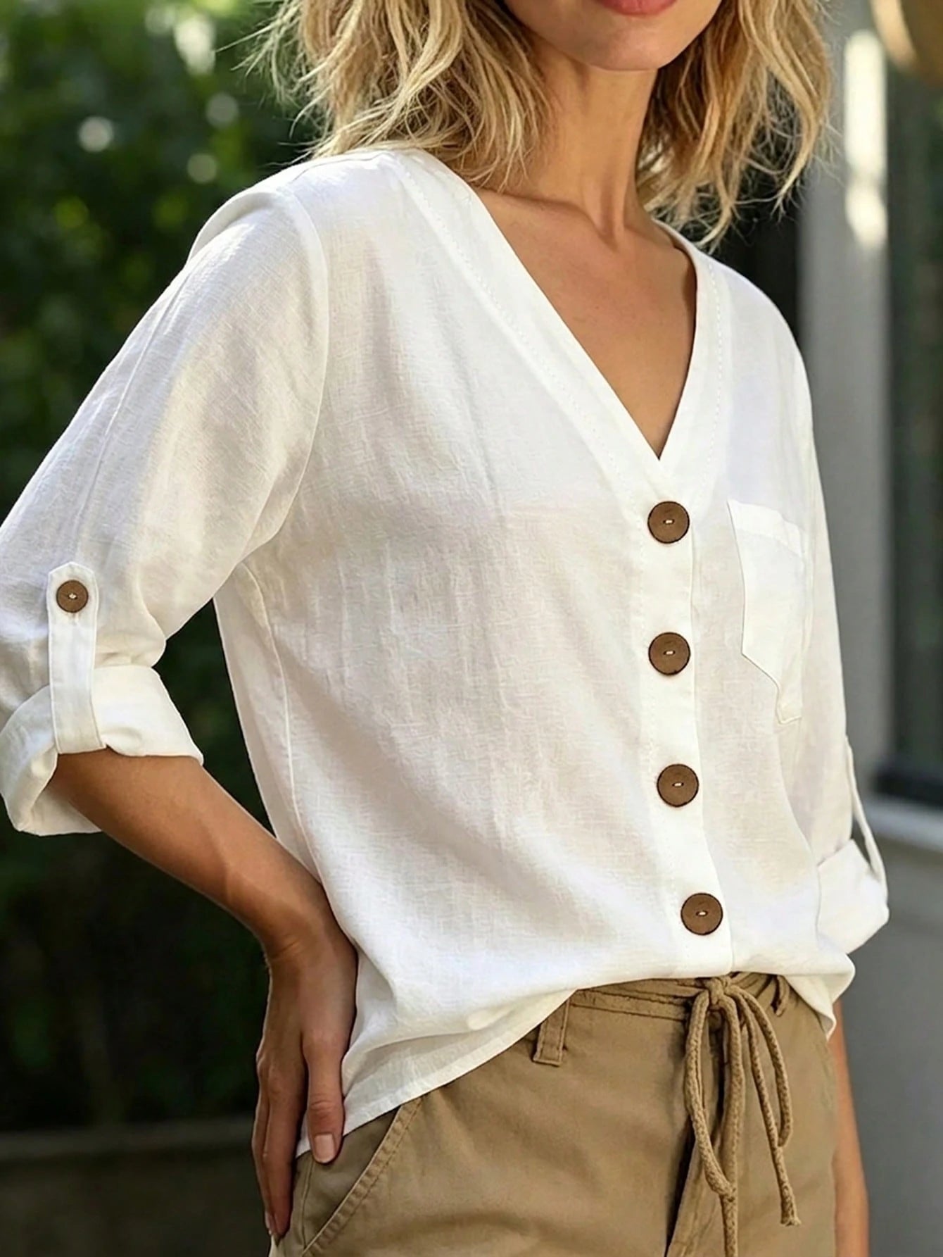 Linhara Plus Size Women's Solid Color V-Neck Drop Shoulder Long Sleeve Button-Up Shirt With Pockets, Comfortable Cotton Blouse, Spring/Autumn Casual Top, White