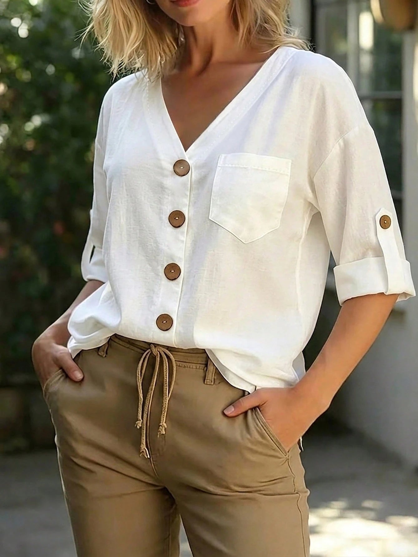Linhara Plus Size Women's Solid Color V-Neck Drop Shoulder Long Sleeve Button-Up Shirt With Pockets, Comfortable Cotton Blouse, Spring/Autumn Casual Top, White