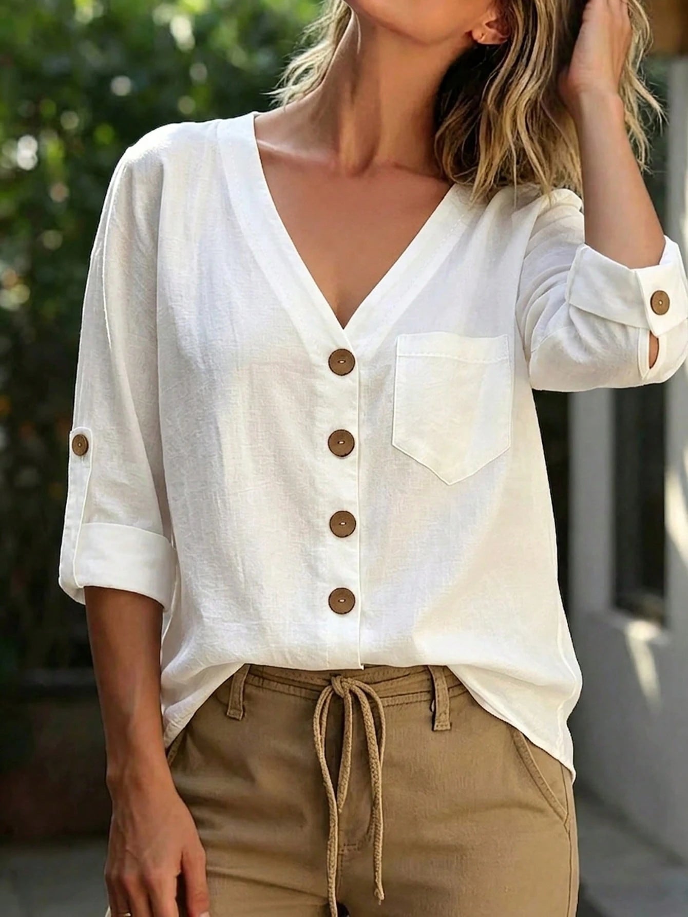 Linhara Plus Size Women's Solid Color V-Neck Drop Shoulder Long Sleeve Button-Up Shirt With Pockets, Comfortable Cotton Blouse, Spring/Autumn Casual Top, White