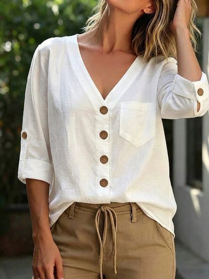 Linhara Plus Size Women's Solid Color V-Neck Drop Shoulder Long Sleeve Button-Up Shirt With Pockets, Comfortable Cotton Blouse, Spring/Autumn Casual Top, White