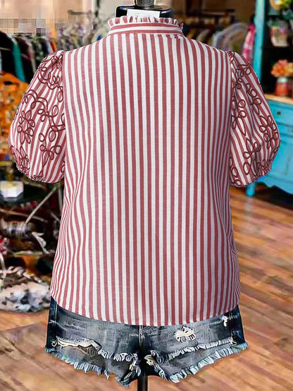 Linhara Plus Size Women's Summer Striped Faux Embroidered V-Neck Ruffle Puff Sleeve Fashion Casual Vacation Short Sleeve Blouse