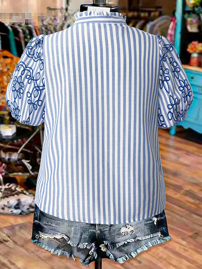 Linhara Plus Size Women's Summer Striped Faux Embroidered V-Neck Ruffle Puff Sleeve Fashion Casual Vacation Short Sleeve Blouse