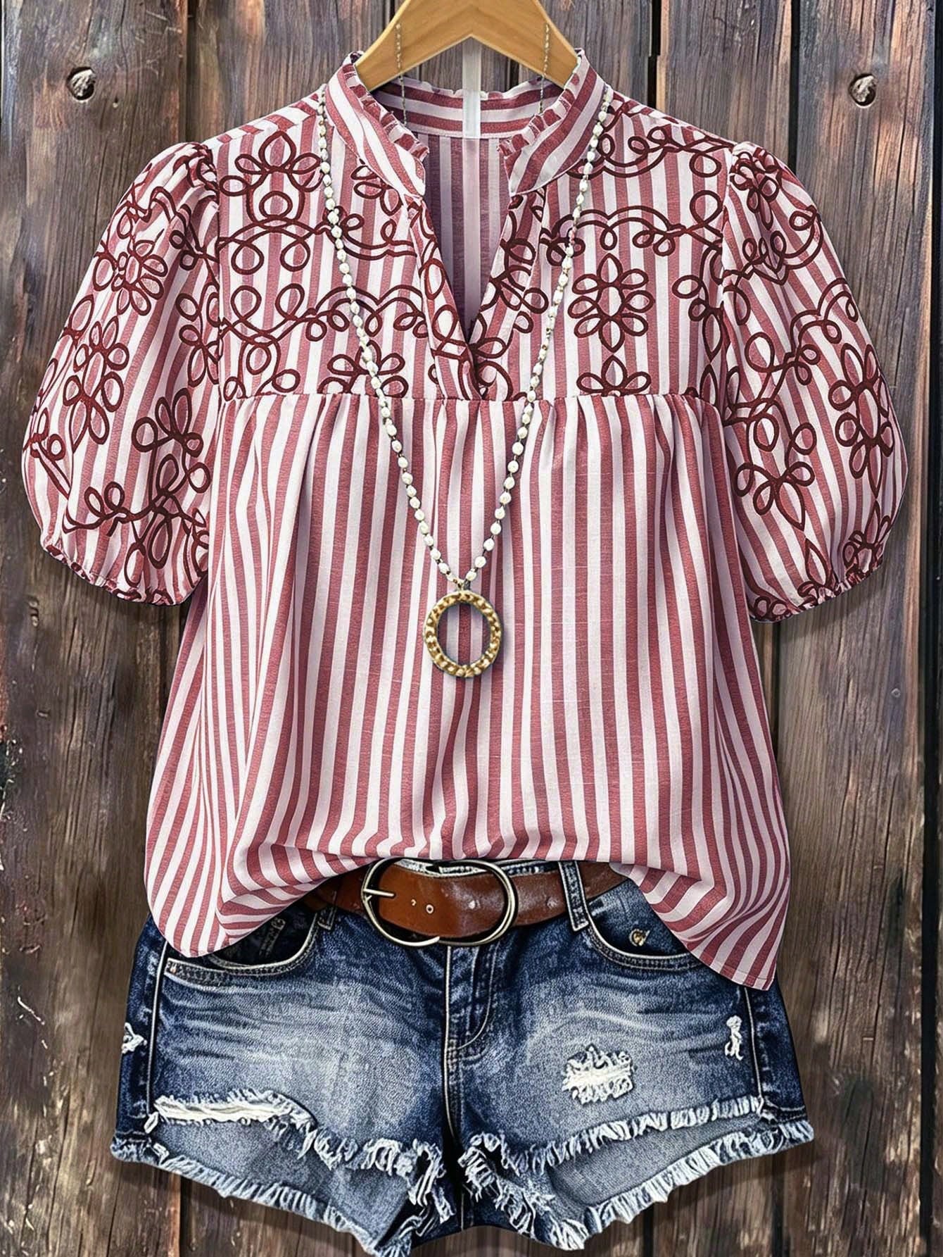 Linhara Plus Size Women's Summer Striped Faux Embroidered V-Neck Ruffle Puff Sleeve Fashion Casual Vacation Short Sleeve Blouse