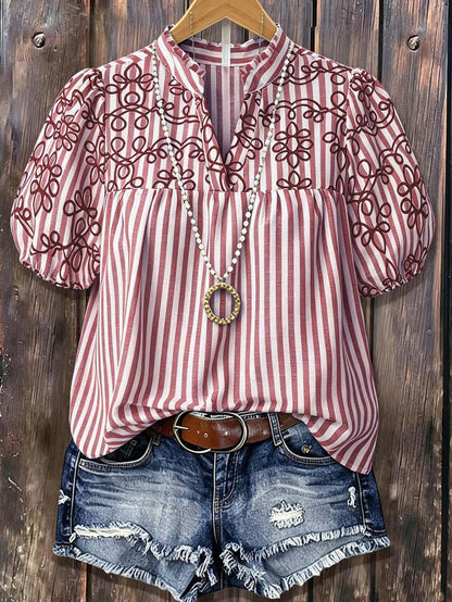 Linhara Plus Size Women's Summer Striped Faux Embroidered V-Neck Ruffle Puff Sleeve Fashion Casual Vacation Short Sleeve Blouse
