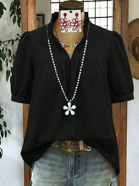 Linhara Plus Size Women Solid Color Versatile Minimalist Pleated Short Sleeve Blouse, Suitable For Spring