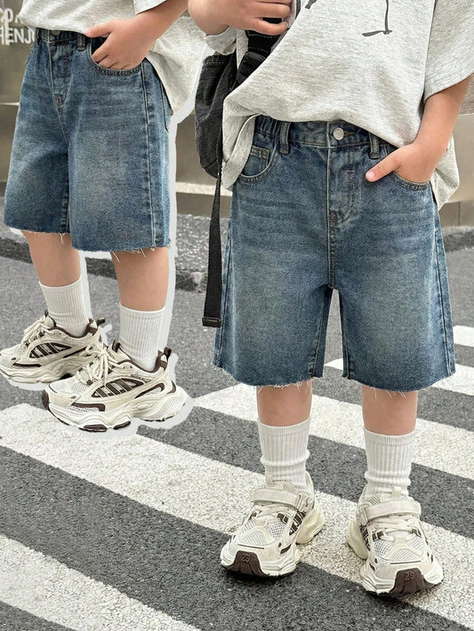 Little Byeori Young Boy New Fashion Distressed Retro Vintage Washed Casual Soft Basic Simple Loose Fit Navy Blue Denim Wide Leg Baggy Capri Jeans Spring Summer,For Kids Boys Spring/Summer Dailyw