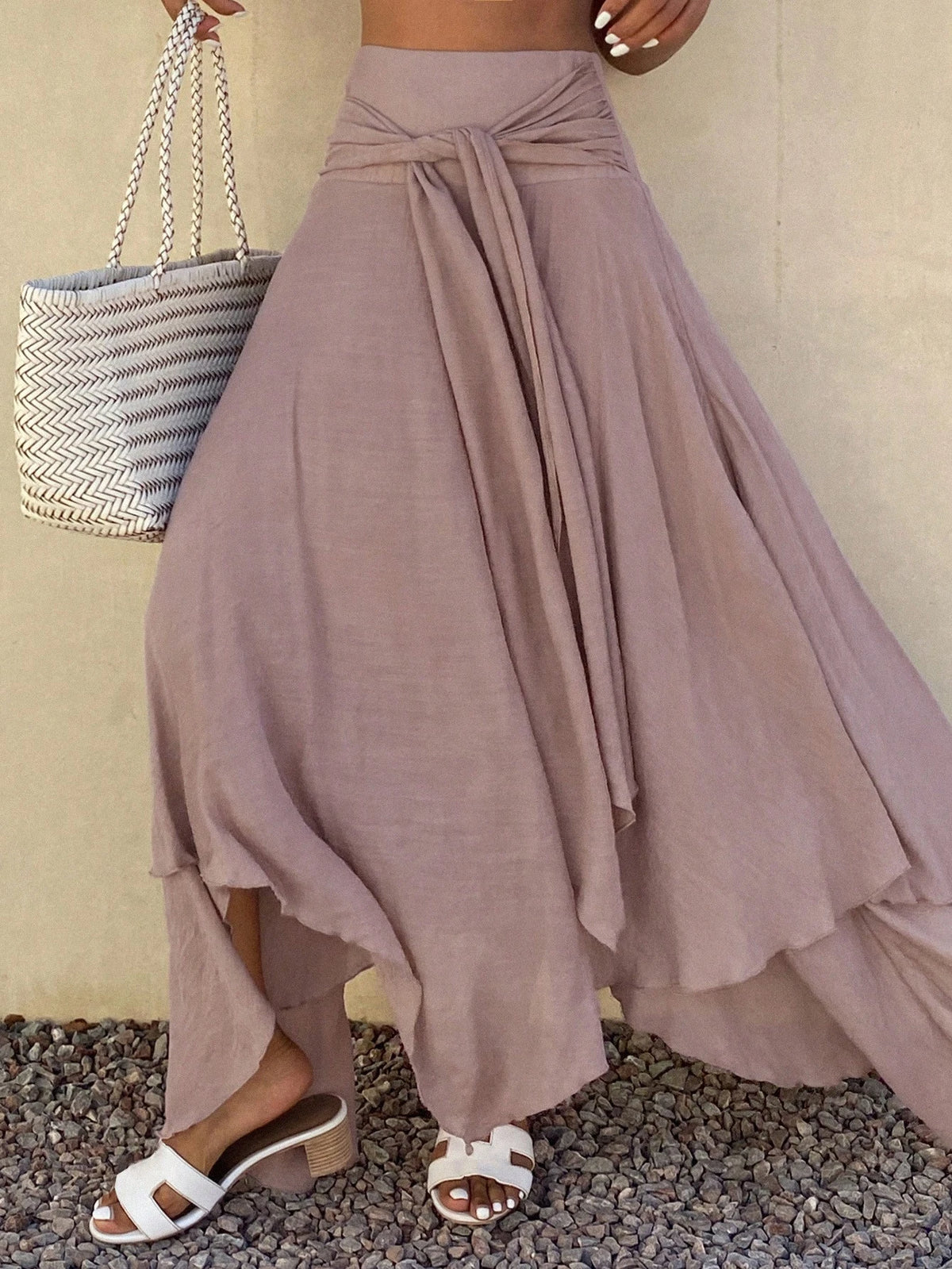 Livesso Summer Holiday Tie Waist Flared Skirt For Women