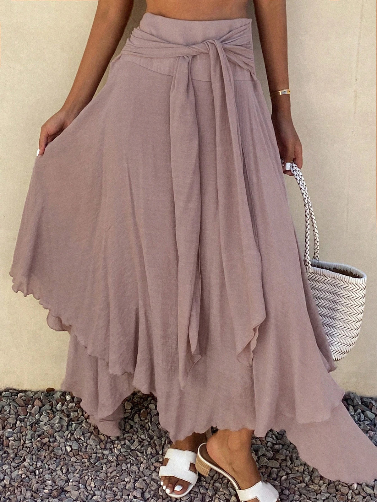 Livesso Summer Holiday Tie Waist Flared Skirt For Women
