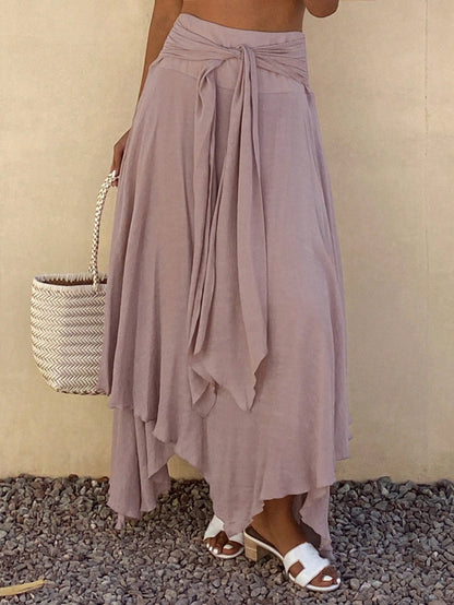 Livesso Summer Holiday Tie Waist Flared Skirt For Women