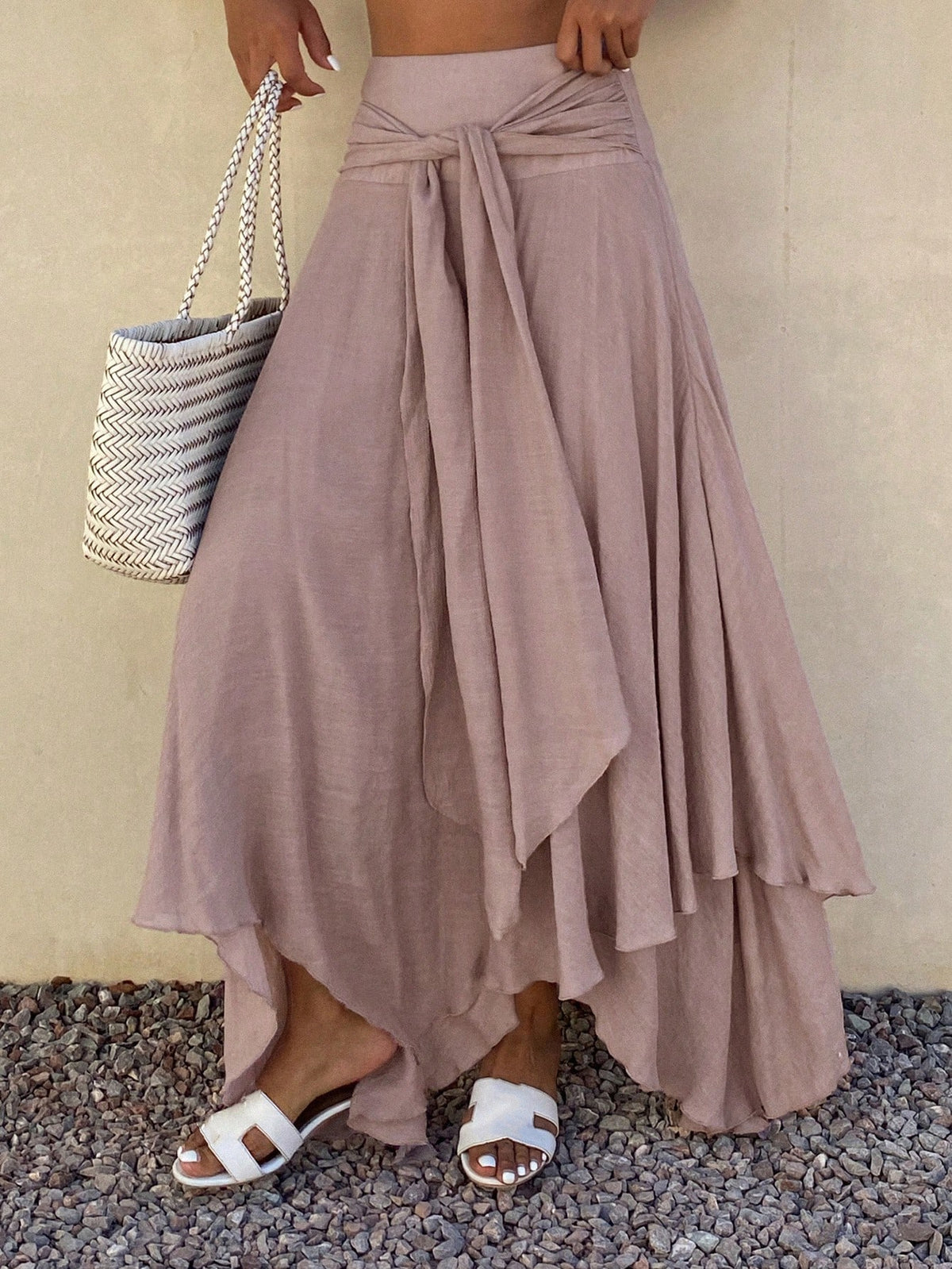Livesso Summer Holiday Tie Waist Flared Skirt For Women