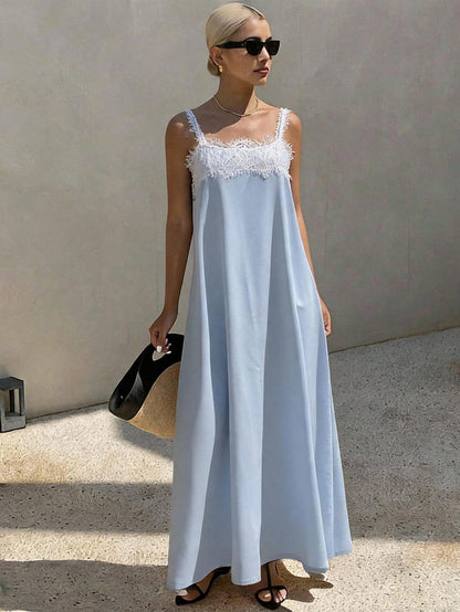 Livesso V-Neck Sleeveless Blue Solid Color Cinched Waist Full Skirt Vacation Style Women's Long Dress
