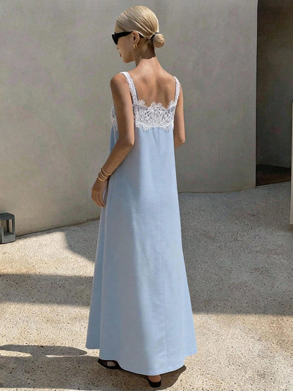 Livesso V-Neck Sleeveless Blue Solid Color Cinched Waist Full Skirt Vacation Style Women's Long Dress