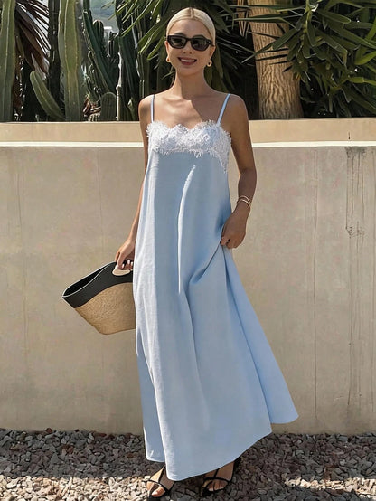 Livesso V-Neck Sleeveless Blue Solid Color Cinched Waist Full Skirt Vacation Style Women's Long Dress