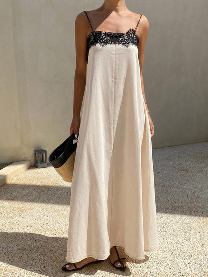 Livesso V-Neck Sleeveless Blue Solid Color Cinched Waist Full Skirt Vacation Style Women's Long Dress