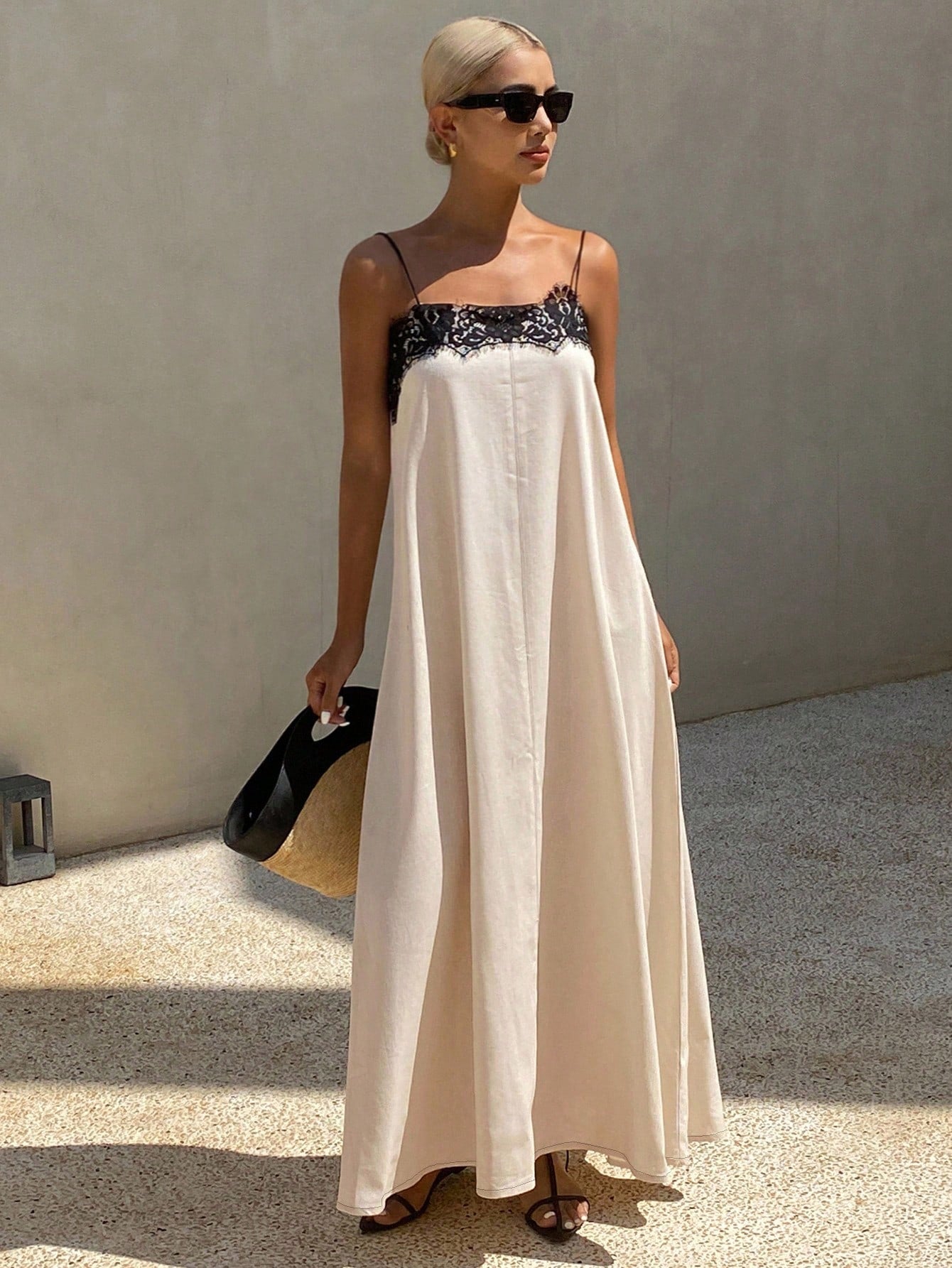 Livesso V-Neck Sleeveless Blue Solid Color Cinched Waist Full Skirt Vacation Style Women's Long Dress